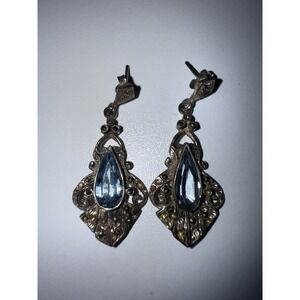 Estate‎ Vintage Long Sterling Silver Bright Blue Topaz Dangle Pierced Earrings